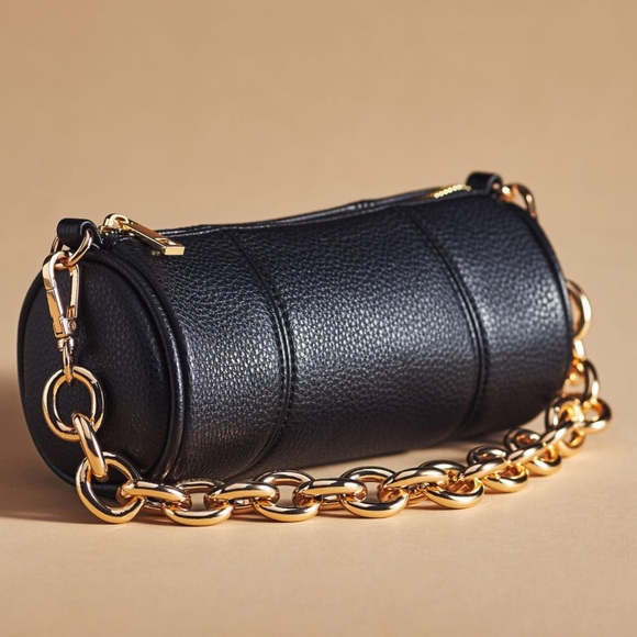 Anthropologie Bags Nwt Anthropologie Black Faux Leather Barrel Shoulder Bag Gold Chain Small